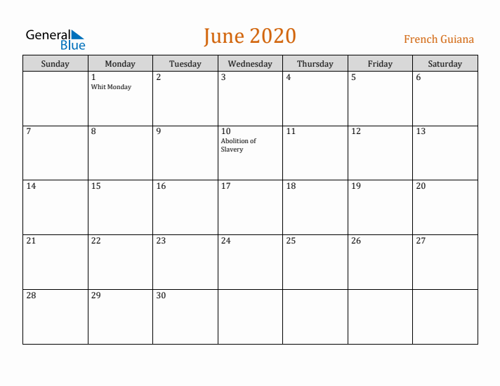 June 2020 Holiday Calendar with Sunday Start