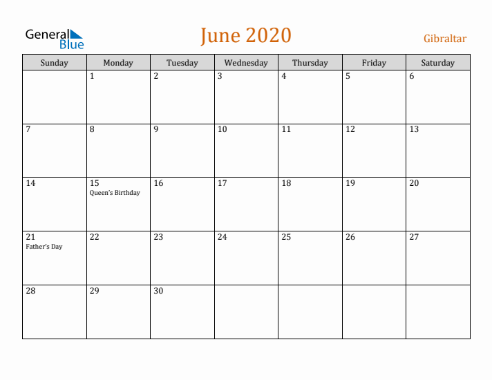 June 2020 Holiday Calendar with Sunday Start