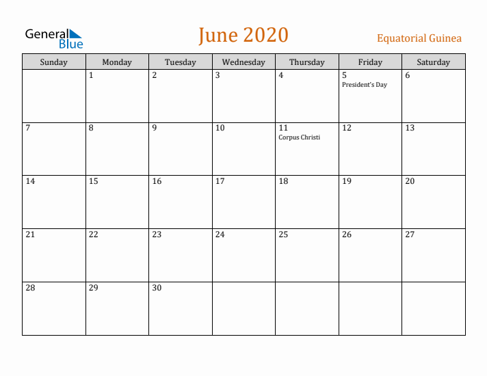 June 2020 Holiday Calendar with Sunday Start