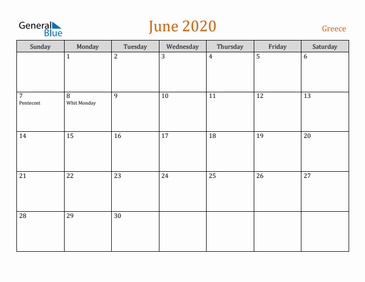 June 2020 Holiday Calendar with Sunday Start