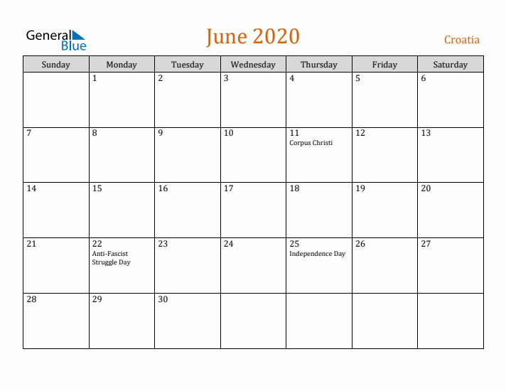 June 2020 Holiday Calendar with Sunday Start