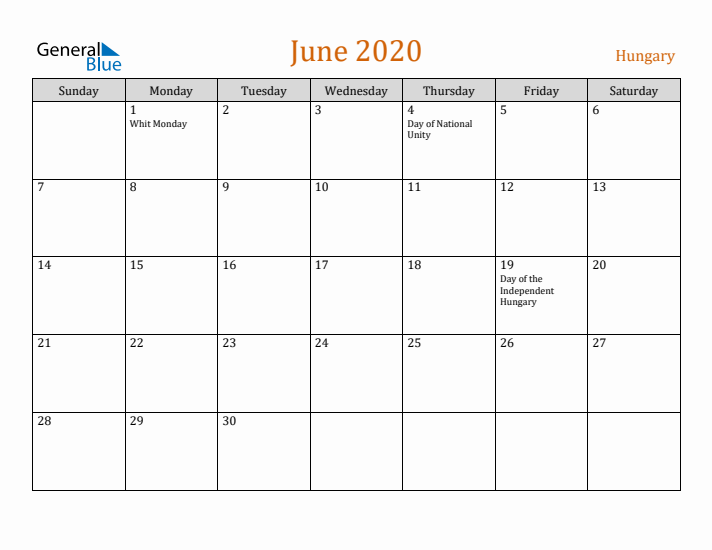 June 2020 Holiday Calendar with Sunday Start