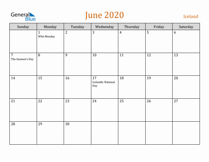 June 2020 Holiday Calendar with Sunday Start