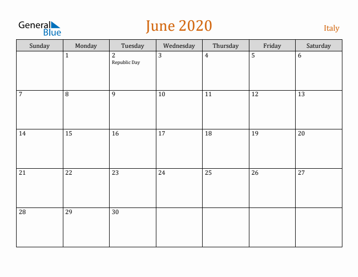 June 2020 Holiday Calendar with Sunday Start