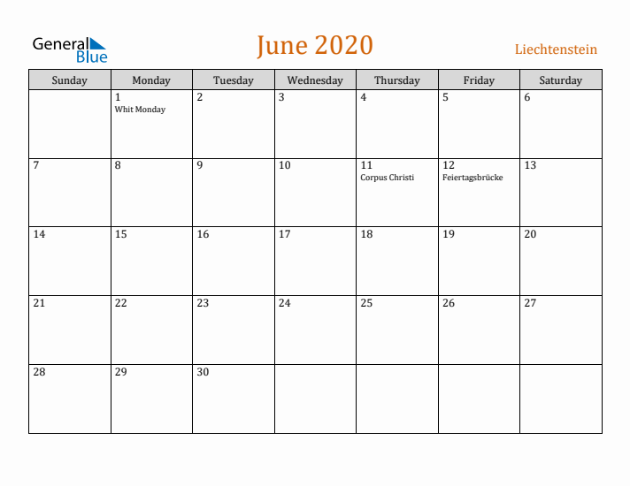 June 2020 Holiday Calendar with Sunday Start