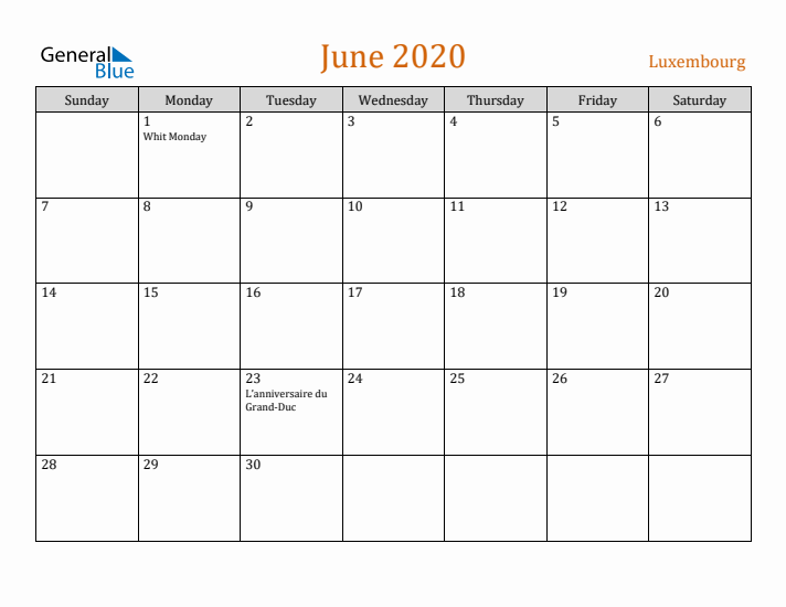 June 2020 Holiday Calendar with Sunday Start