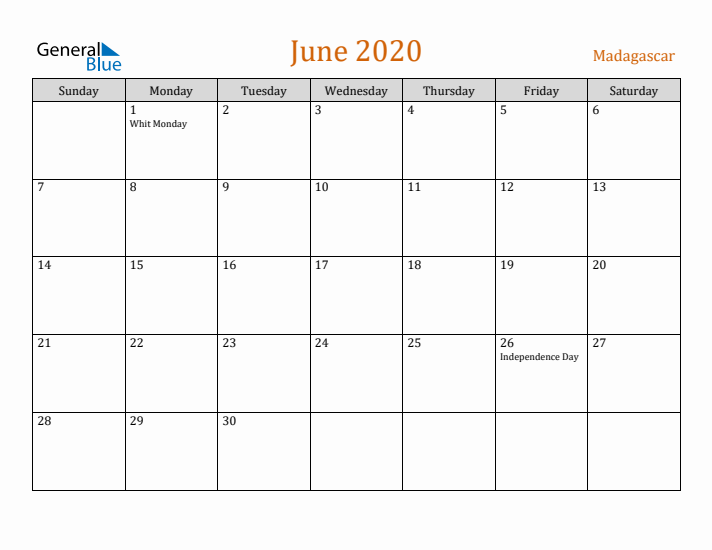 June 2020 Holiday Calendar with Sunday Start