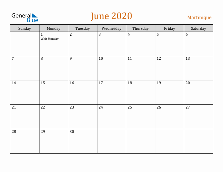 June 2020 Holiday Calendar with Sunday Start