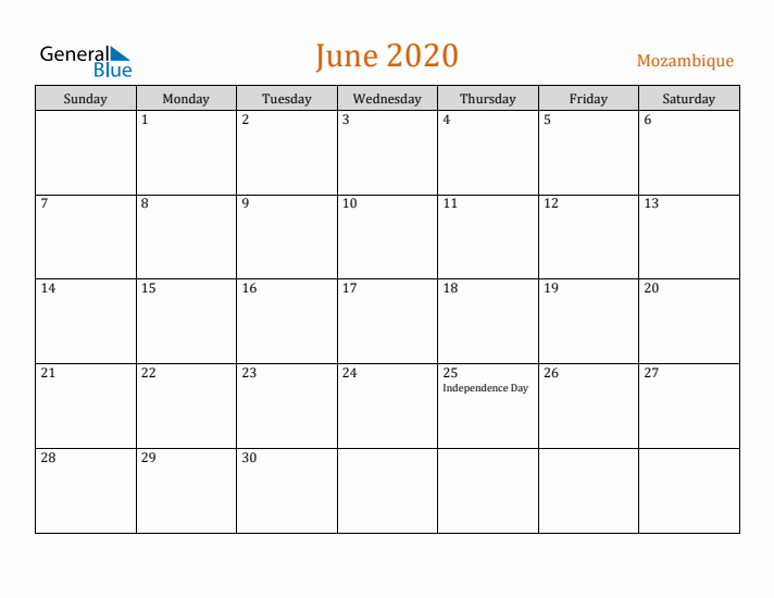 June 2020 Holiday Calendar with Sunday Start