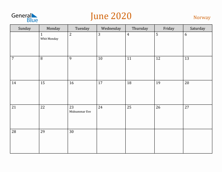 June 2020 Holiday Calendar with Sunday Start