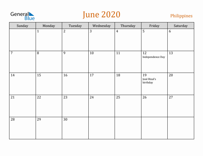 June 2020 Holiday Calendar with Sunday Start