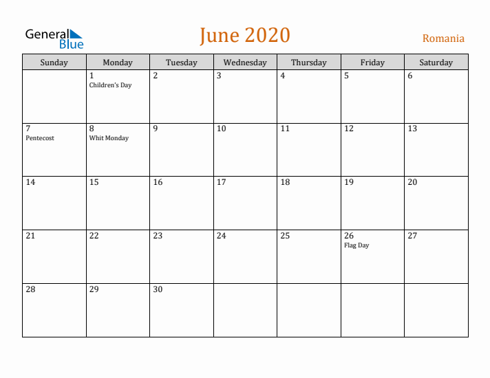 June 2020 Holiday Calendar with Sunday Start