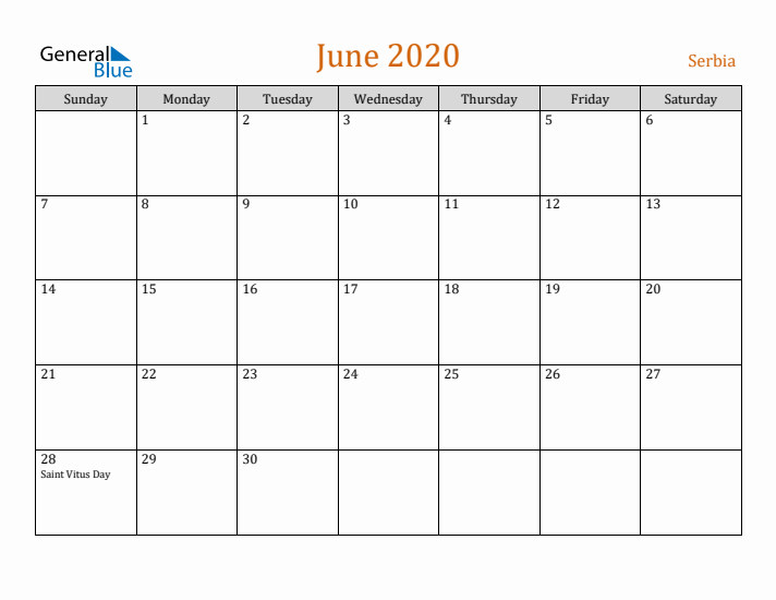 June 2020 Holiday Calendar with Sunday Start