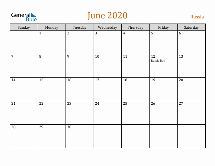 June 2020 Holiday Calendar with Sunday Start