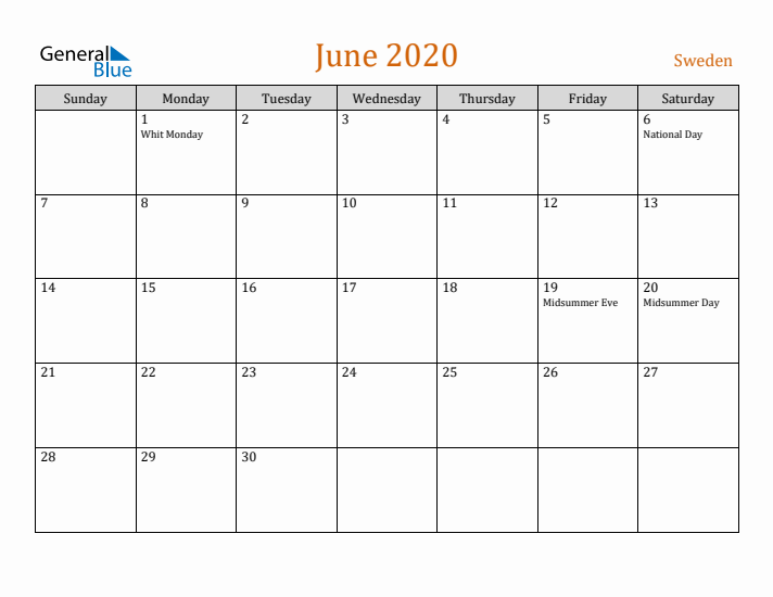 June 2020 Holiday Calendar with Sunday Start