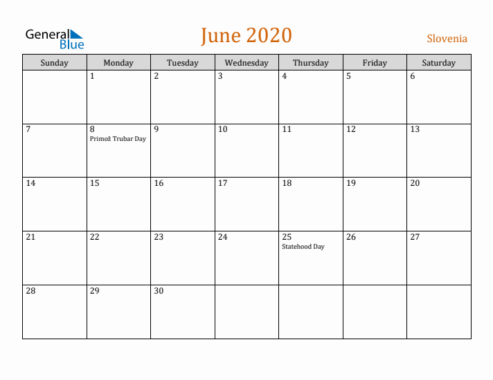 June 2020 Holiday Calendar with Sunday Start