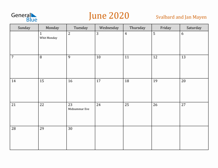 June 2020 Holiday Calendar with Sunday Start