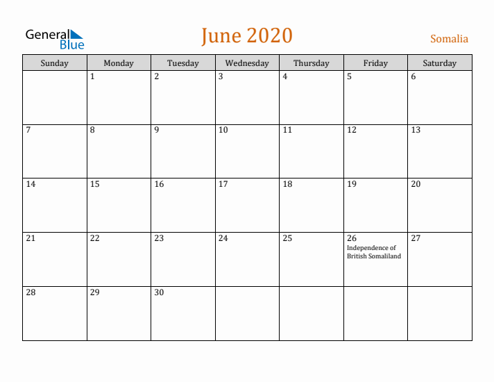 June 2020 Holiday Calendar with Sunday Start