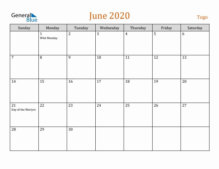 June 2020 Holiday Calendar with Sunday Start