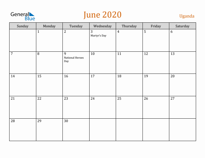 June 2020 Holiday Calendar with Sunday Start