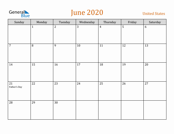 June 2020 Holiday Calendar with Sunday Start