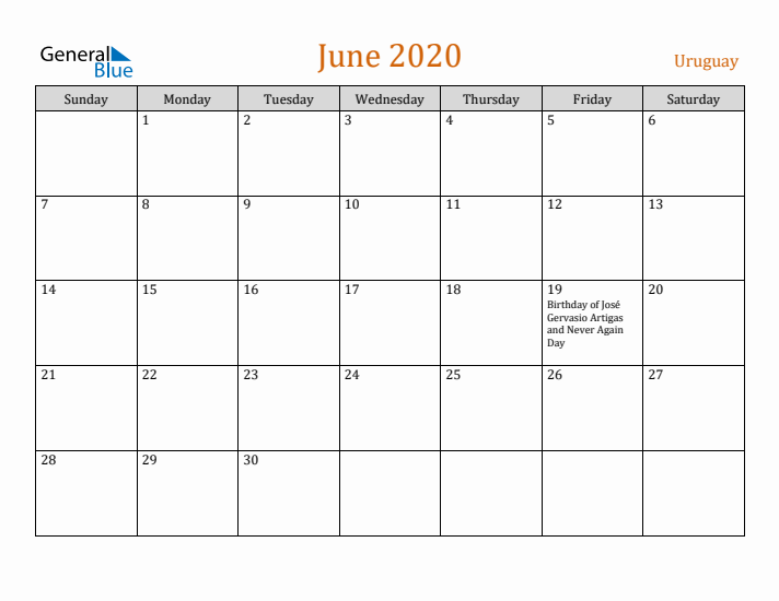 June 2020 Holiday Calendar with Sunday Start