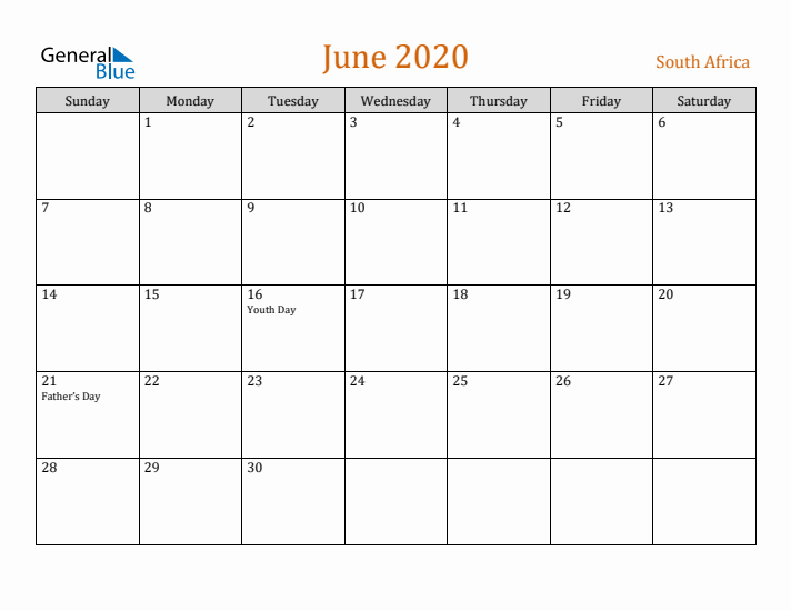 June 2020 Holiday Calendar with Sunday Start