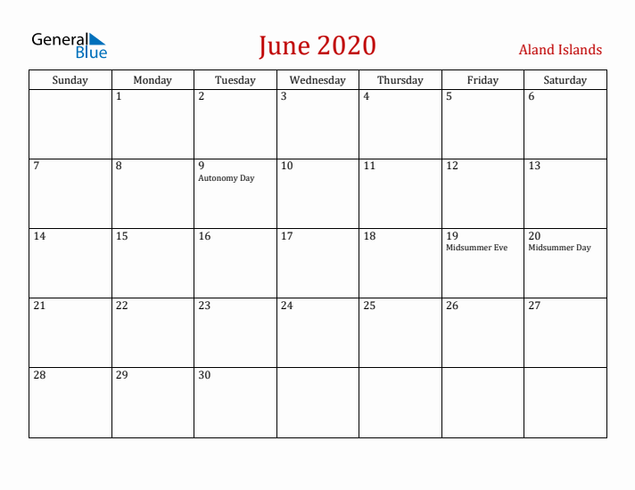 Aland Islands June 2020 Calendar - Sunday Start