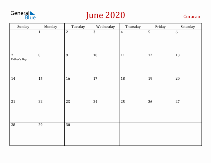 Curacao June 2020 Calendar - Sunday Start