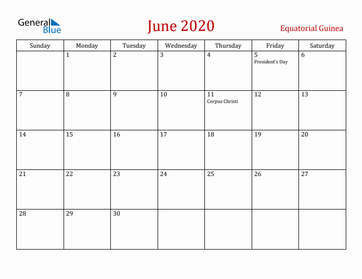 Equatorial Guinea June 2020 Calendar - Sunday Start