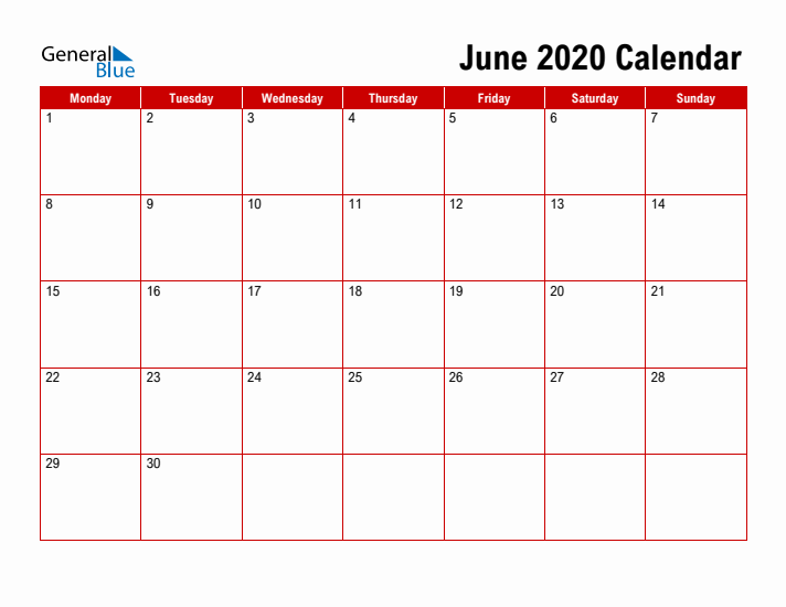 Simple Monthly Calendar - June 2020