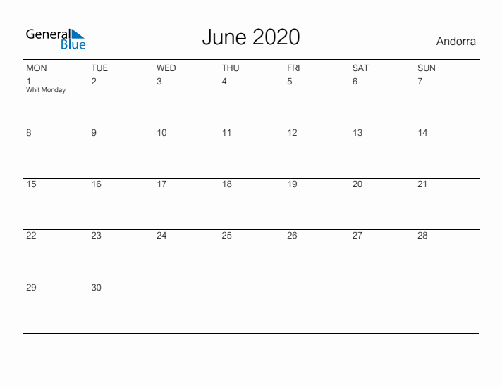 Printable June 2020 Calendar for Andorra