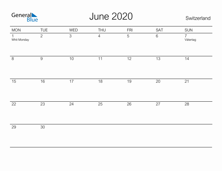 Printable June 2020 Calendar for Switzerland