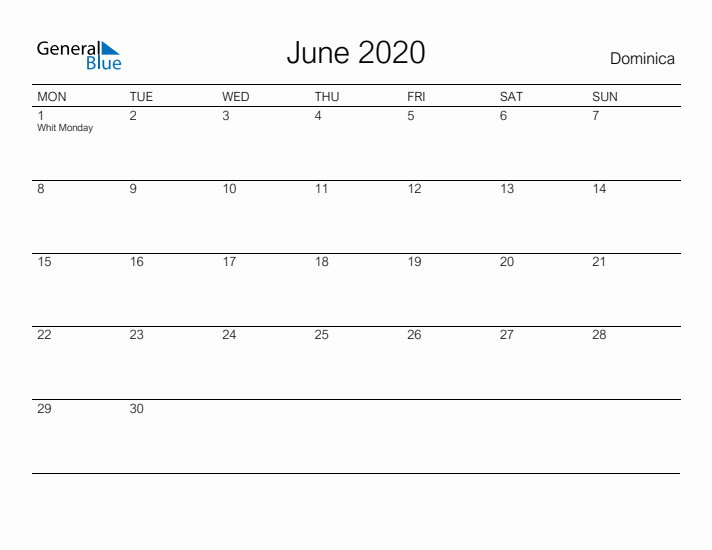 Printable June 2020 Calendar for Dominica