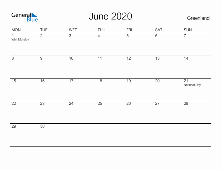 Printable June 2020 Calendar for Greenland