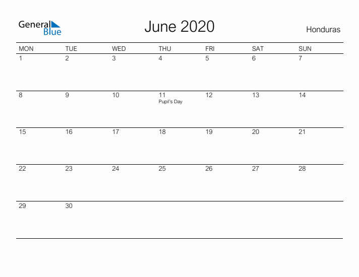 Printable June 2020 Calendar for Honduras