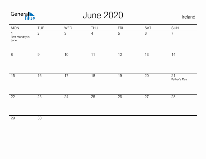 Printable June 2020 Calendar for Ireland