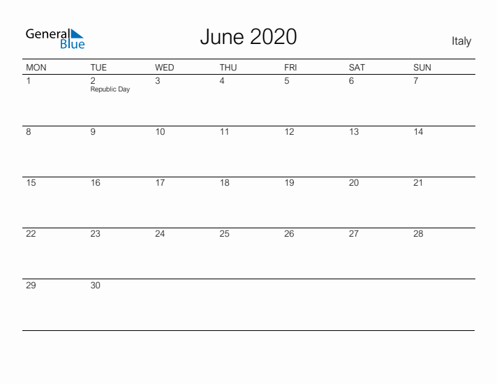 Printable June 2020 Calendar for Italy