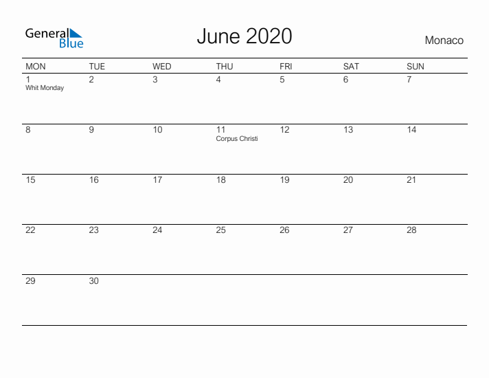 Printable June 2020 Calendar for Monaco