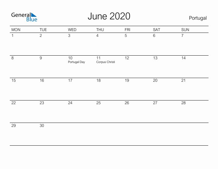 Printable June 2020 Calendar for Portugal