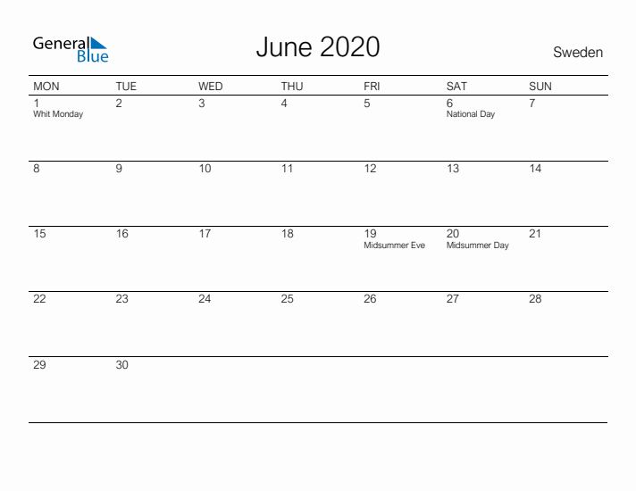 Printable June 2020 Calendar for Sweden