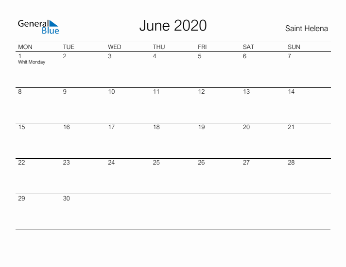 Printable June 2020 Calendar for Saint Helena