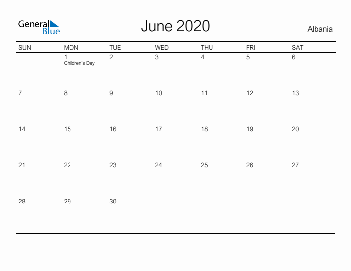 Printable June 2020 Calendar for Albania