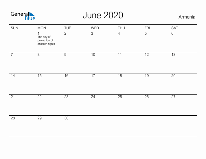 Printable June 2020 Calendar for Armenia