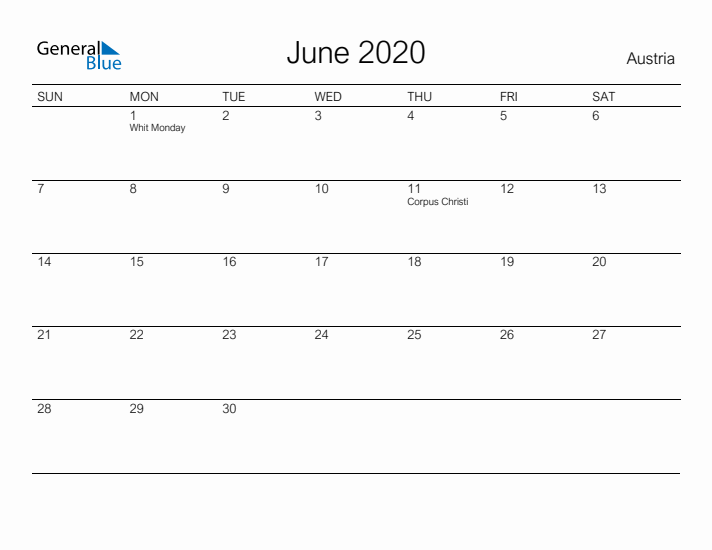 Printable June 2020 Calendar for Austria