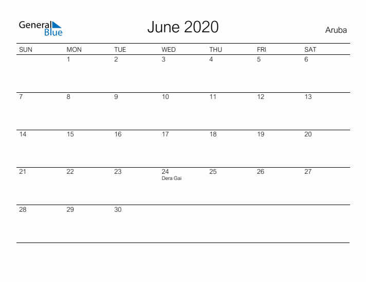 Printable June 2020 Calendar for Aruba