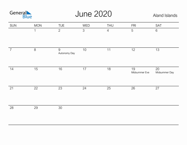 Printable June 2020 Calendar for Aland Islands