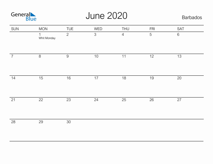 Printable June 2020 Calendar for Barbados