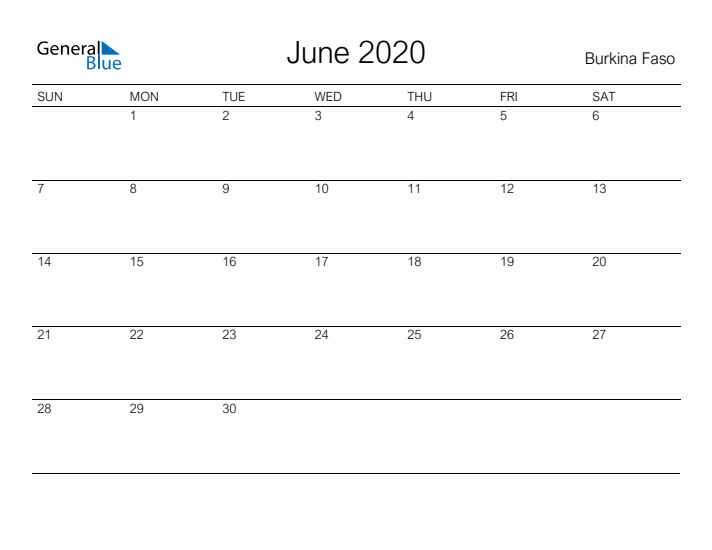 Printable June 2020 Calendar for Burkina Faso