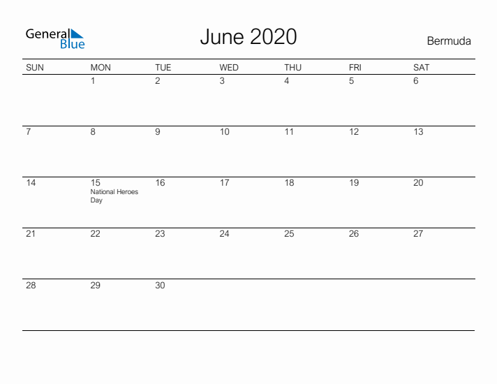 Printable June 2020 Calendar for Bermuda